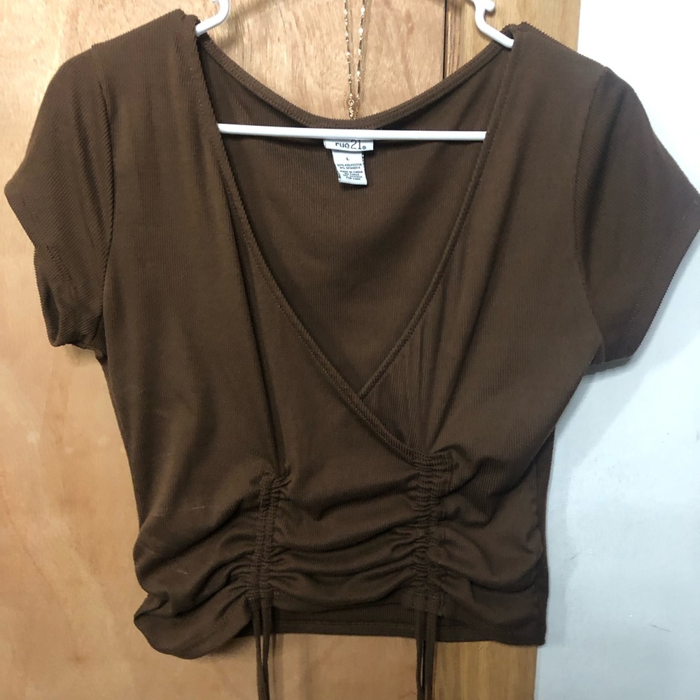 Brown drawstring v neck crop top